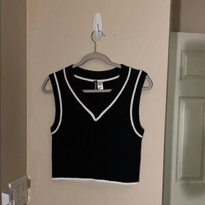 Divided Black V-Neck Top with White Trim